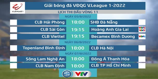 Chi tiết lịch thi đấu và trực tiếp vòng 11 V.League 2022 ngày 05/08/2022
